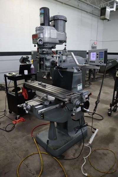Bridgeport Series I-2HP Vertical Knee Mill, Acu-Rite 2-Axis DRO, Kurt Power Draw Bar, Mitutoyo Scale, X-Axis Power Feed, Chrome Ways