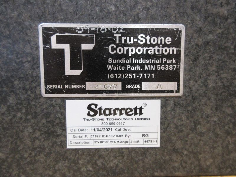 Starrett | Tru-Stone Corp. Grade A Black Granite Square, 9" x 18" x 3"- Auction Item