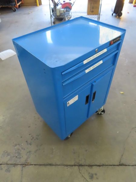 Xcel Two Drawer/2 Door Potable Cabinet On Casters w Contents, Locks and Keys- Auction Item