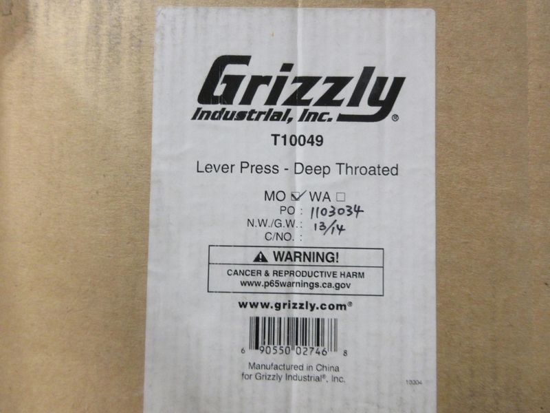 Grizzly T10049 Deep Throat Lever Press **New In Box** Throat Depth 6", Press Travel 3"- Auction Item