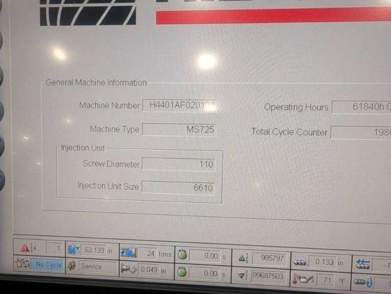 725 TON 140 OZ CINCINNATI MILACRON MS725 INJECTION MOLDING MACHINE, 2015