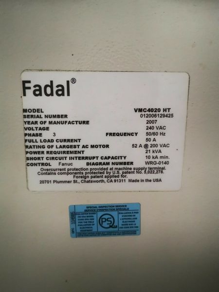 2007 Fadal VMC-4020HT Fanuc 18i MB5 Side Mount Tool Changer 10KRPM Rigid Tap CTS 11,200 hours