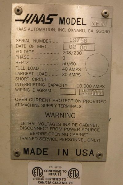 HAAS MODEL #VF0E MACHINING CENTER: STOCK 70462