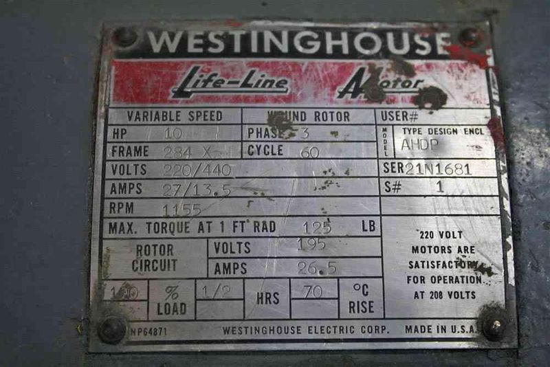 10 HP WESTINGHOUSE WOUND ROTOR MOTOR:  STOCK #54111