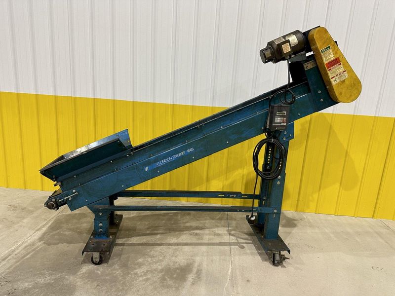 8" WIDE X 6' HIGH NEW LONDON ENG MODEL #500 MOTORIZED BELT INCLINED PARTS CONVEYOR: STOCK #20069