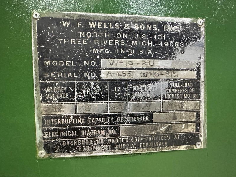 10" X 17" WF WELLS MODEL #W-10-2U AUTOMATIC HORIZONTAL DUAL POST BAND SAW: STOCK #21759