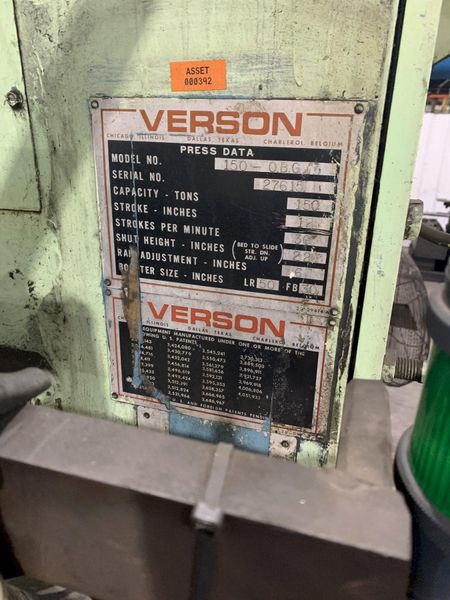 150 ton Verson Single Crank Mechanical Metal Stamping Gap Frame Press For Sale, Model 150-OBG In