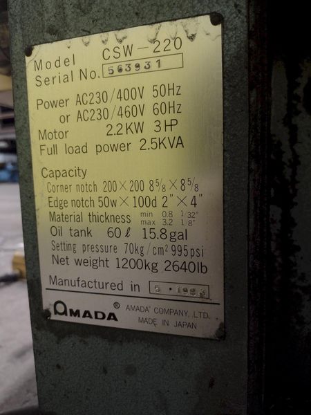 8" X 8" X 1/8" AMADA MODEL #CSW-220 DUAL HEAD CORNER NOTCHER & COPER: STOCK #10339