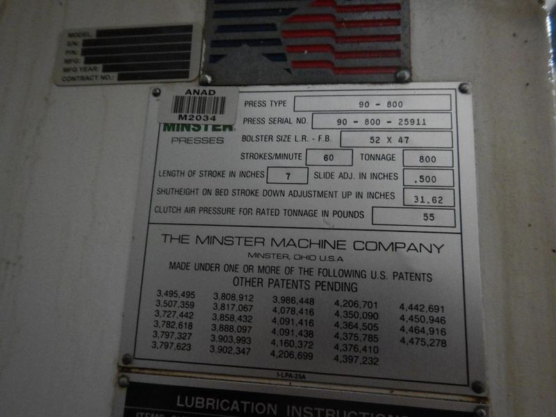 800 TON  MINSTER MODEL #90-800 KNUCKLE JOINT PRESS : STOCK #77652