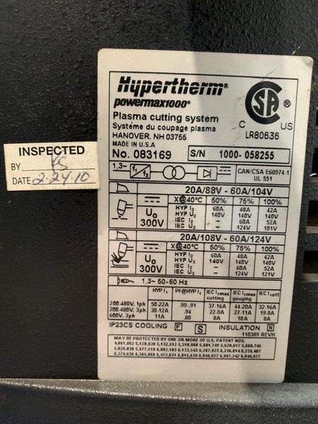 Hypertherm Powermax 1000 G3 Plasma Arc Cutting System w/T60 Torch