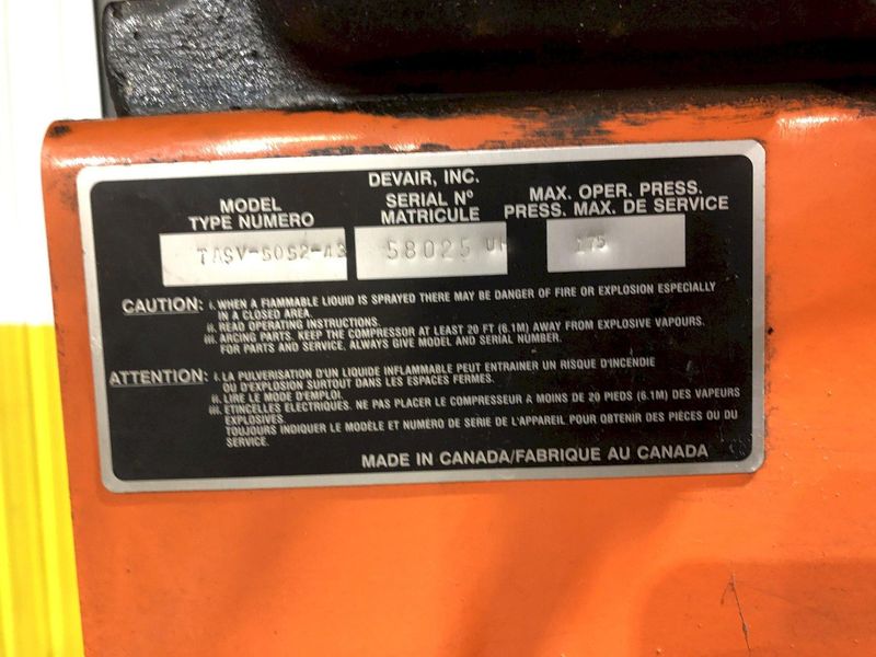 7.5 HP DEVAIR MODEL #TASV-5052-S 175 PSI VERTICAL AIR COMPRESSOR WITH AIR TAK 20 SCFM AIR DRYER:
