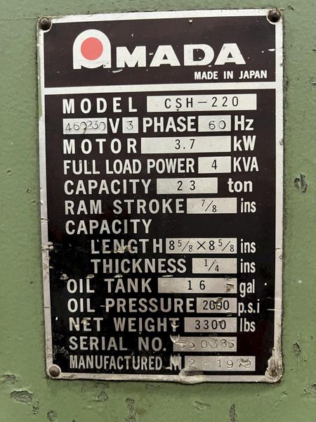 AMADA HYDRAULIC NOTCHER, MODEL CSH-200, 1/4" CAPACITY, 1979