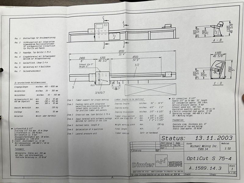 6" HIGH X 14" WIDE WEINIG DIMTER  OPTICUT MODEL #S75 CROSS-CUT AUTOMATIC WOOD SAW, NEW 2003: STO