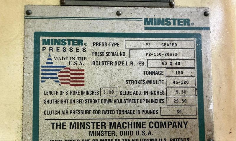 150-ton Minster "Piece-Maker" Back Geared Straight Side Press Model P2-150-60 For Sale, Year 199