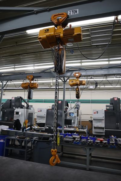 Overhead Hoist & Crane Specialists Heavy Duty Steel Mold Table with Overhead Hoist System, Harrington 2 Ton Electric Chain Hoist, I Beam, Trolley- Auction Item