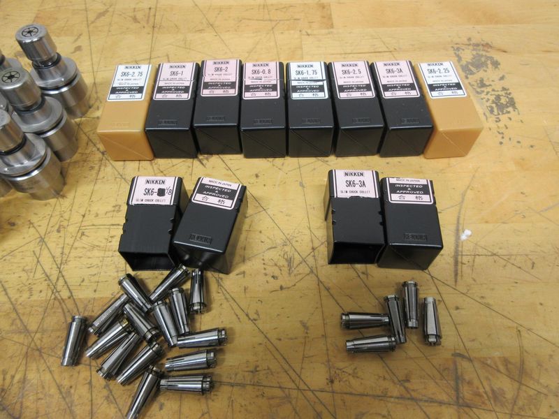 Nikken HSK32E Slim Chuck SK6 Tool Holders (18 pcs) with Various Size SK6 Collets- Auction Item