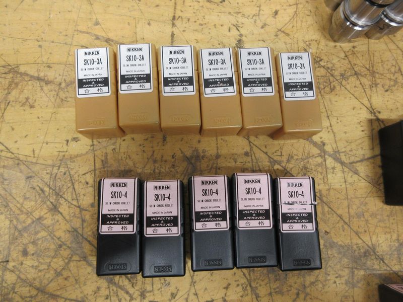 Nikken HSK32E Slim Chuck SK10 Collet Tool Holders (7 pcs), with (25) Various Size SK10 Collets, **Collets New In Packages**- Auction Item