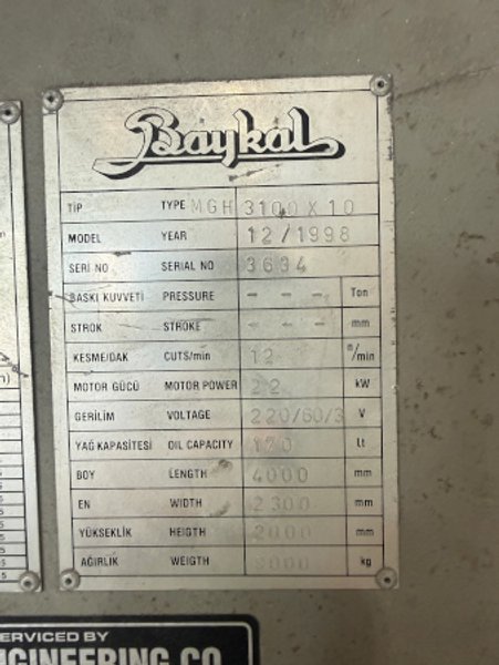 3/8" x 10', BAYKAL, #MGH 3100x10, 10'x 3/8, hyd., 39" PFOBG, 30 HP, 1998