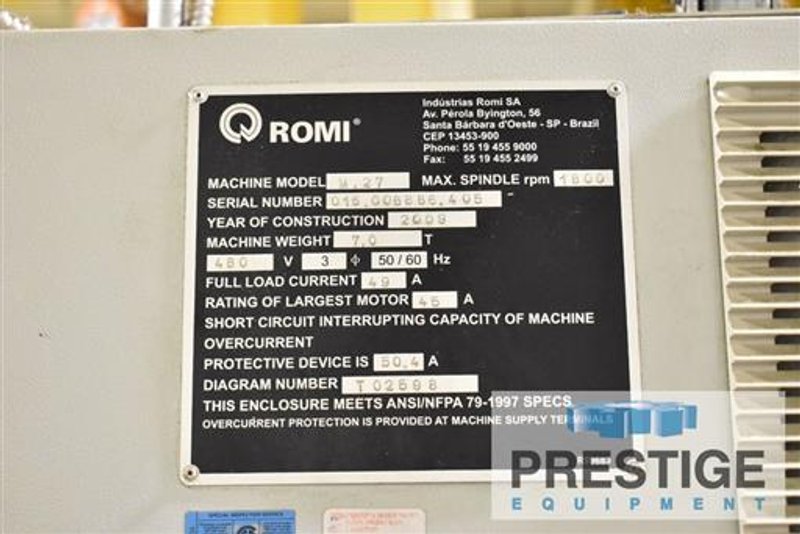 Romi M27 27" x 120", Fanuc 21i-TB, 16" 3-Jaw Chuck, 8-Sta. Turret, Tailstock, Steady Rests, 2009, #32643