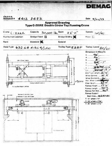 15 TON X 22' DEMAG OVERHEAD DOUBLE GIRDER BRIDGE CRANE: STOCK #62079