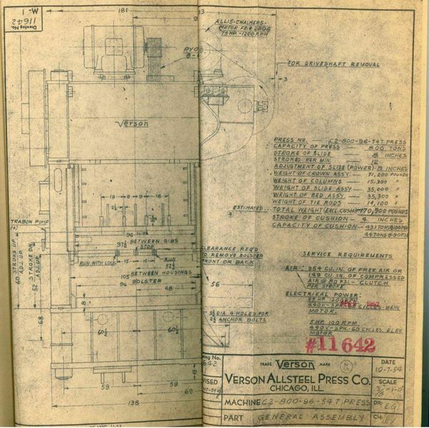800 TON VERSON MODEL #C2-800-96-54T SSDC PRESS, 8" STROKE: STOCK #14221