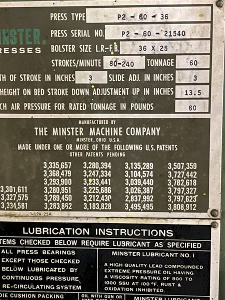 60 ton Minster Model P2-60-36 Piece-Maker Used Highspeed Straight Side Mechanical Metal Stamping