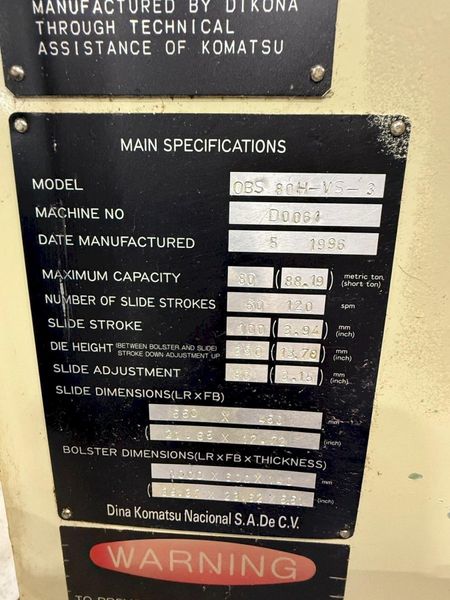 80 Ton KOMATSU OBS Press - Used Komatsu Model 80H-VS-3 Mechanical Stamping Press For Sale, Year