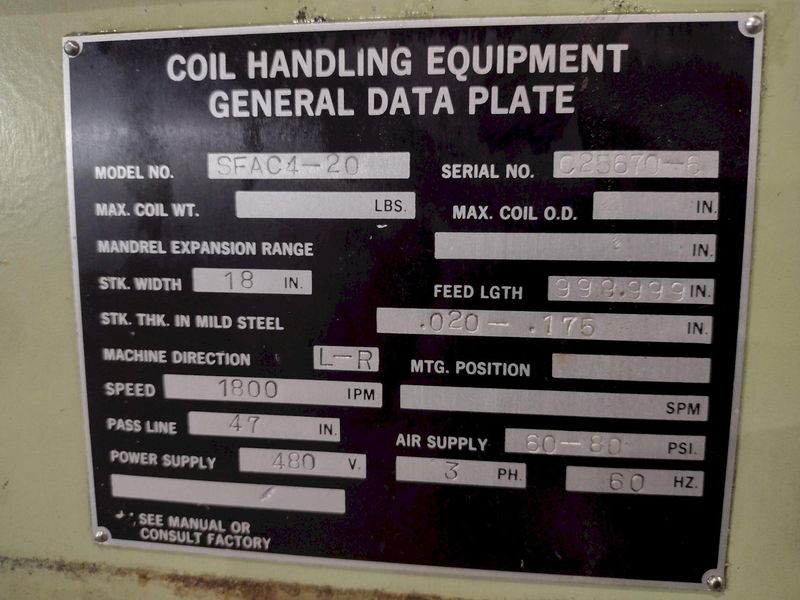 18” X .175”  X 8,000 LBS CWP MODEL #SFAC4-20 SPACE-SAVER AUTOMATIC DOUBLE END SERVO COIL FEED LI