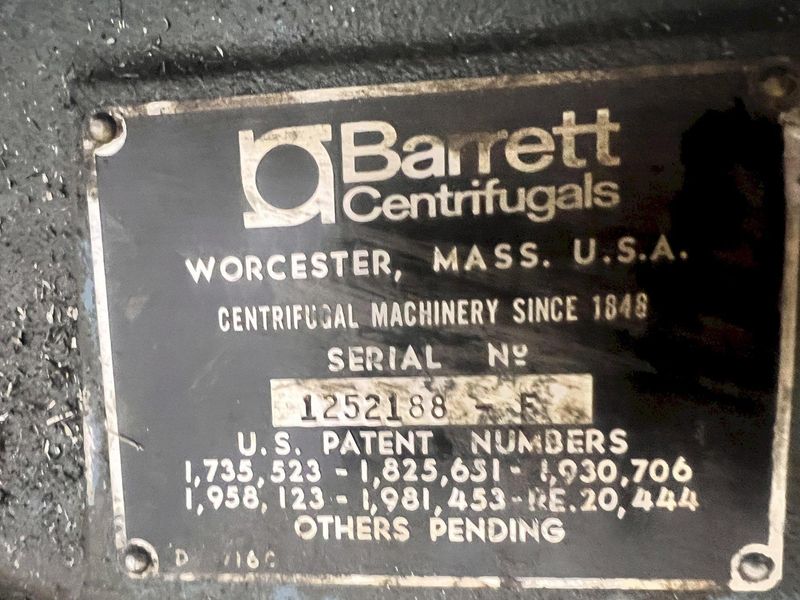 2 HP BARRETT MODEL #125 CLARIFUGE 3600 RPM CHIP SPINNGER WRINGER CENTRIFUGE: STOCK #23459