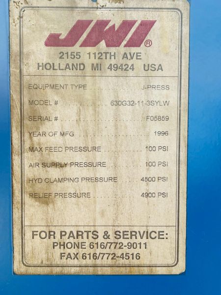 JWI J-Press, 3 Cubic Foot - 11 Plate Gasketed Hydraulic Filter Press - 630mm Plates