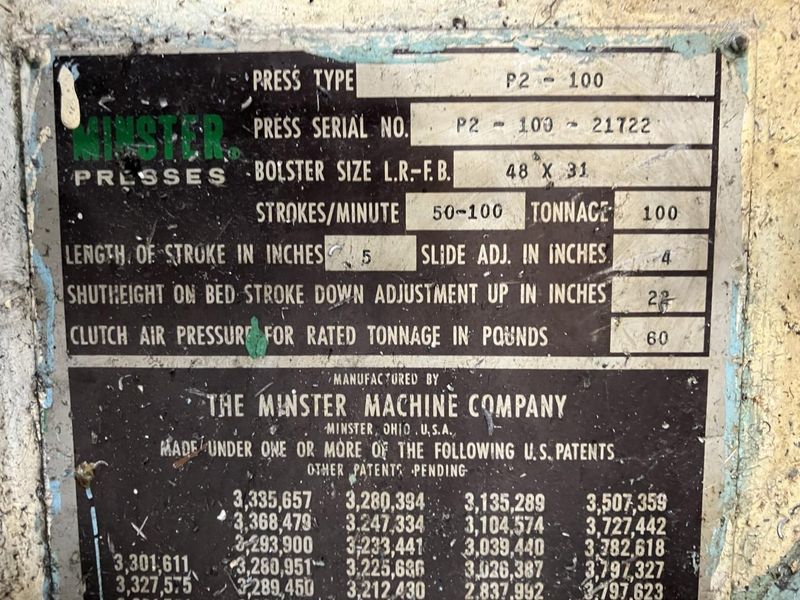 100 ton Minster Press Model P2-100-48 "Piece-Maker" High Speed Mechanical Metal Stamping Press F