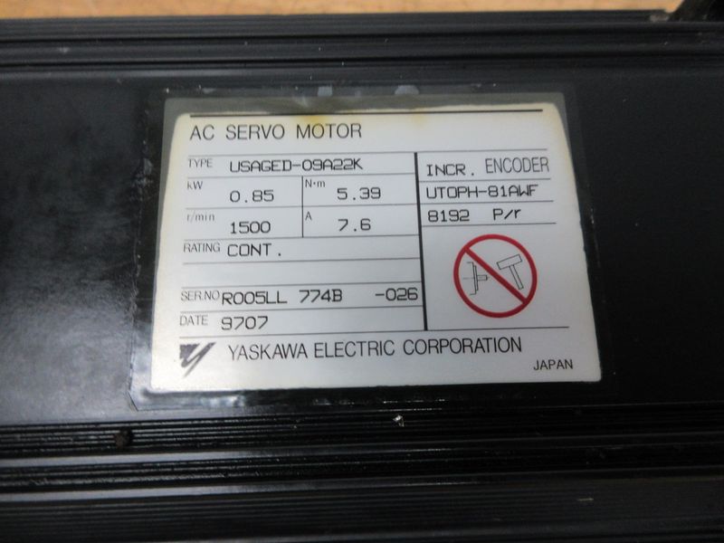 Used Haas Servo Axis Motor Sigma 1- 09 (Long) Part #93-62-0013 (Yaskawa Model USAGED-09A22K), With Coupling