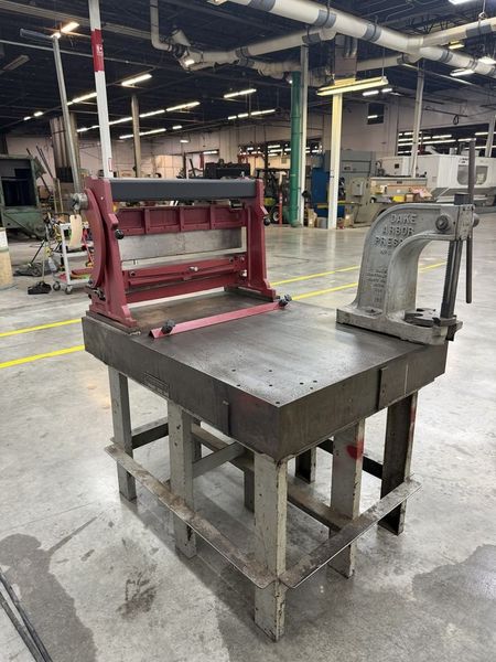 Central Machinery 30″ Shear, Press Brake & Slip Roll, Dake No. 1 Arbor Press, Challenge Machinery Co. 36″ x 48″ x 6″ Cast Iron Layout Surface Plate