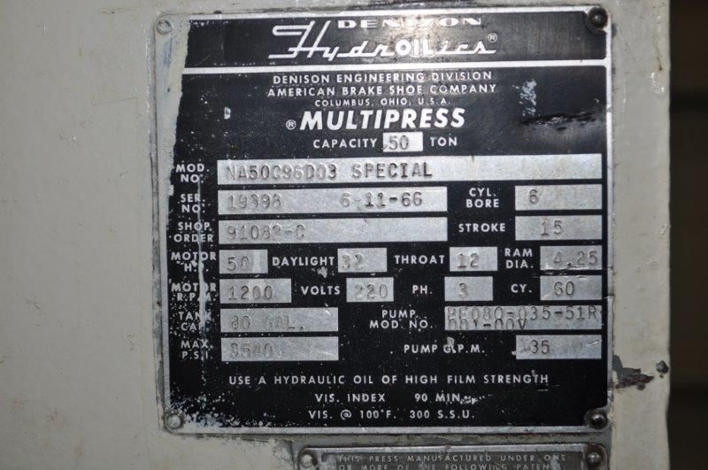 50 TON DENISON HYDRAULIC PRESS
