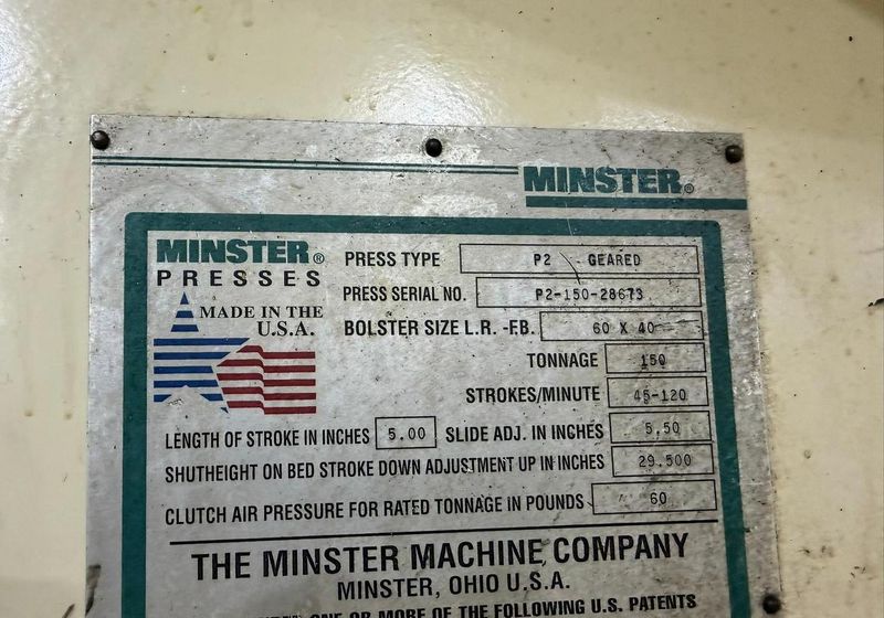 Used Minster Press For Sale - 150 ton Minster Piece-Maker Model P2-150-60 Geared, Year 1996