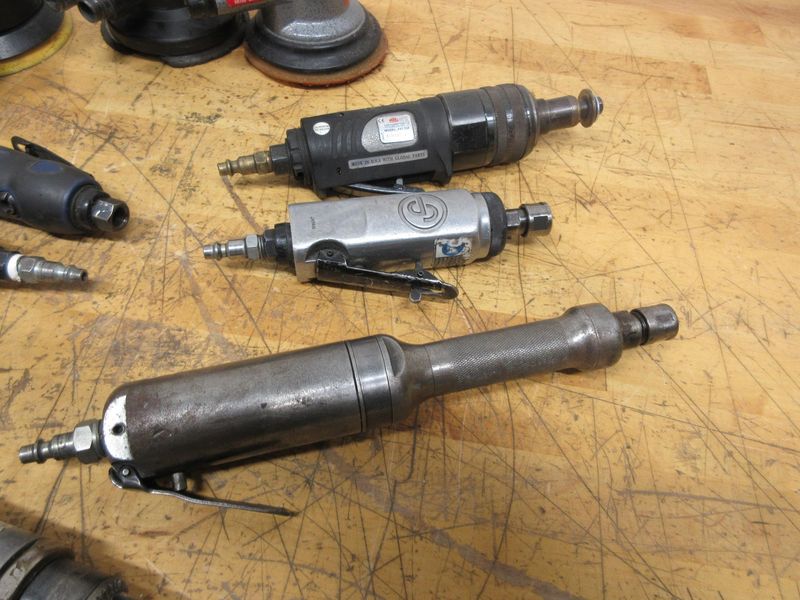 Pneumatic Power Tools, (3) 4.5" Palm Sanders, (4) 90 Deg Die Grinders, (3) Straight Die Grinders, (1) Drill with 3/8" Keyed Chuck- Auction Item