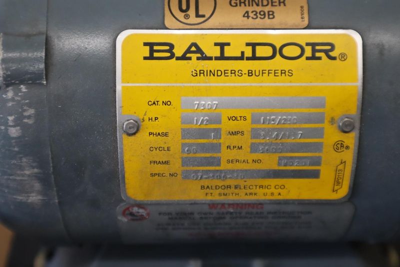 Baldor 7307 6" Double End Pedestal Grinder, 1/2 HP, Work Rests, Eye Shields, Single Phase- Auction Item
