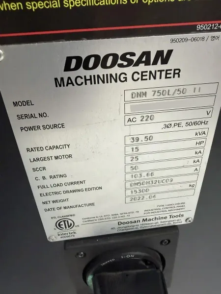 2022 Doosan DNM-750L/50 II CNC Vertical Machining Center