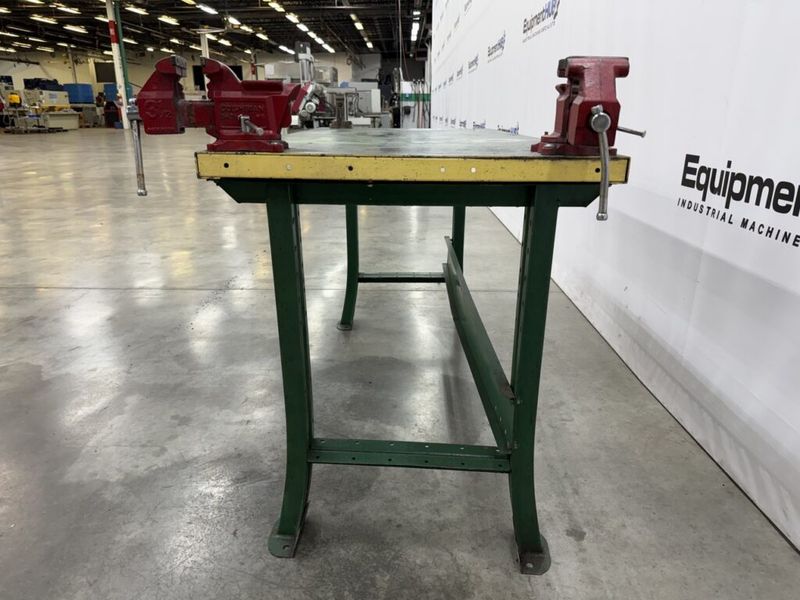 3′ x 6′ Steel Work Table w/ (2) 3.5″ Columbian & (1) Americana A4-1/2 Vises