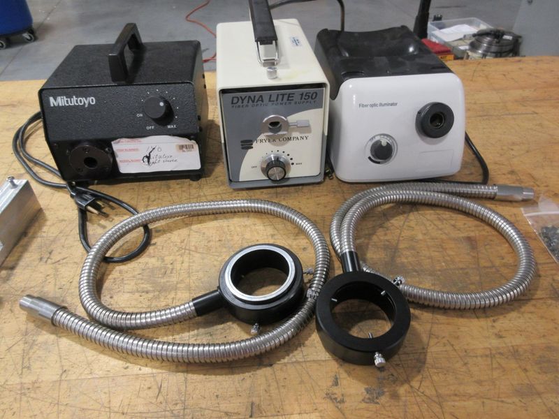 Precision 4.5" x 4.5" Single Axis Stage with Mitutoyo 0-50mm Micrometer, (3) Fiber Optic Light Sources, (2) Light Rings- Auction Item