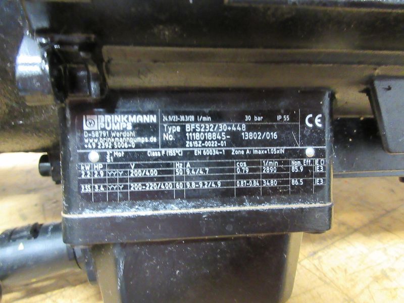 Brinkman Pumps BFS232/30+448, Makino Slim HP Through Spindle Coolant Pump, 500 PSI Max, ***Appears New***- Auction Item