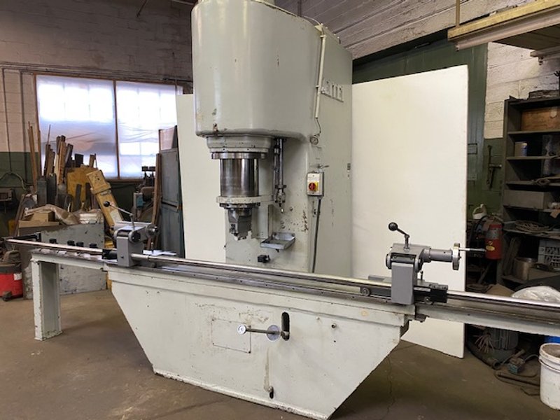EITEL RP-160 HYDRAULIC STRAIGHTENING PRESS, 175 TONS, WITH ROLLING FIXTURE WITH CENTERS, TABLE EXTENSIONS, RUNS GREAT!, 1977