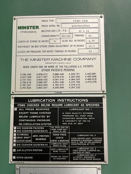 Minster Super Speed OBS 60 ton OBI press, 32" x 21" Bolster, Model 6SS-FB, 1991, 4" Stroke, 90 to 180 SPM