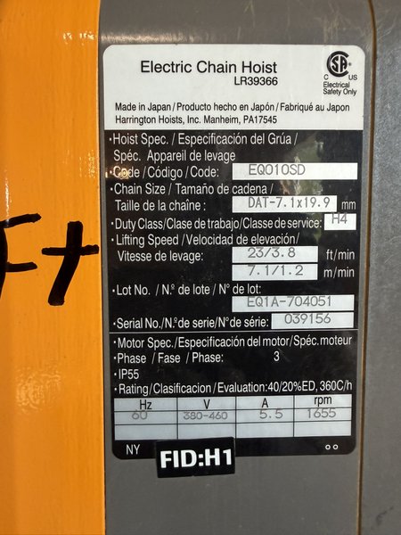 1 TON HARRINGTON ELECTRIC CHAIN HOIST EQ010SD-20FT