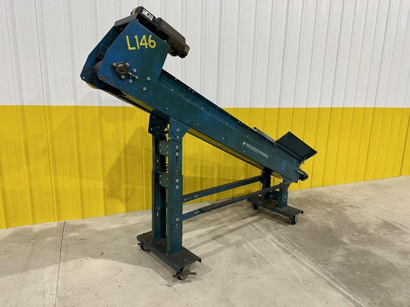 8" WIDE X 6' HIGH NEW LONDON ENG MODEL #500 MOTORIZED BELT INCLINED PARTS CONVEYOR: STOCK #20069