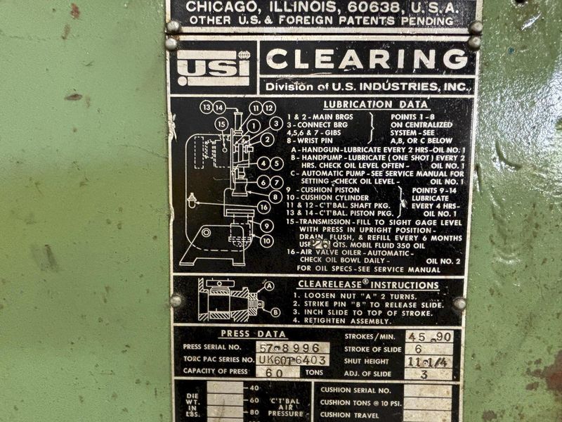 60 TON TORC-PAC USI CLEARING OBI PRESS 6" STROKE: STOCK #22823