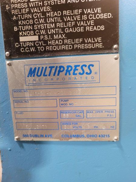 20 Ton MultiPress Model FH-20-20H Floor Type C-Frame Hydraulic Press 21” DL. 12” Stroke. Inching