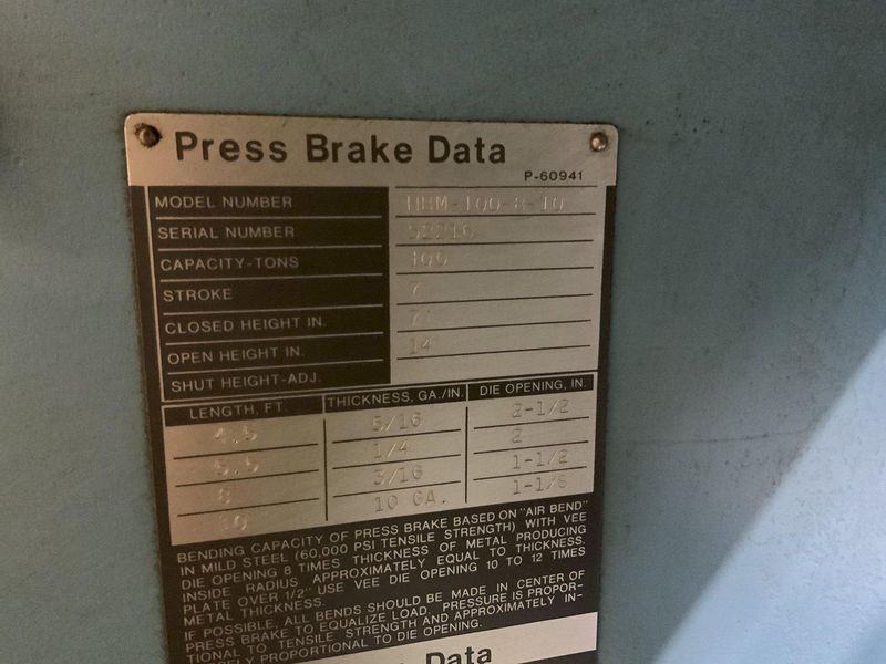 100 TON X 10' NIAGARA HBM-100-8-10 HYDRAULIC PRESS BRAKE: STOCK #80813