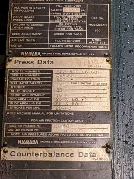 600 ton Niagara SC2-600-96-60 Used Straight Side Mechanical Metal Stamping Press For Sale, Year