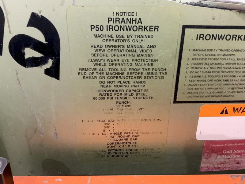 50 TON PIRANHA MODEL #P50 HYDRAULIC IRONWORKER: STOCK #80733